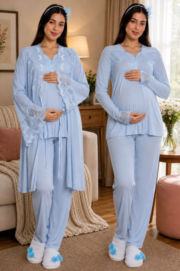 Comfortable Cut Maternity Pajama Set with Nursing Features Effortt - Blue