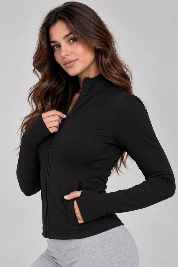 Women's Zippered Stand Collar Pocket Finger-Loop Slim Fit Blouse Crop Black Sports Jacket