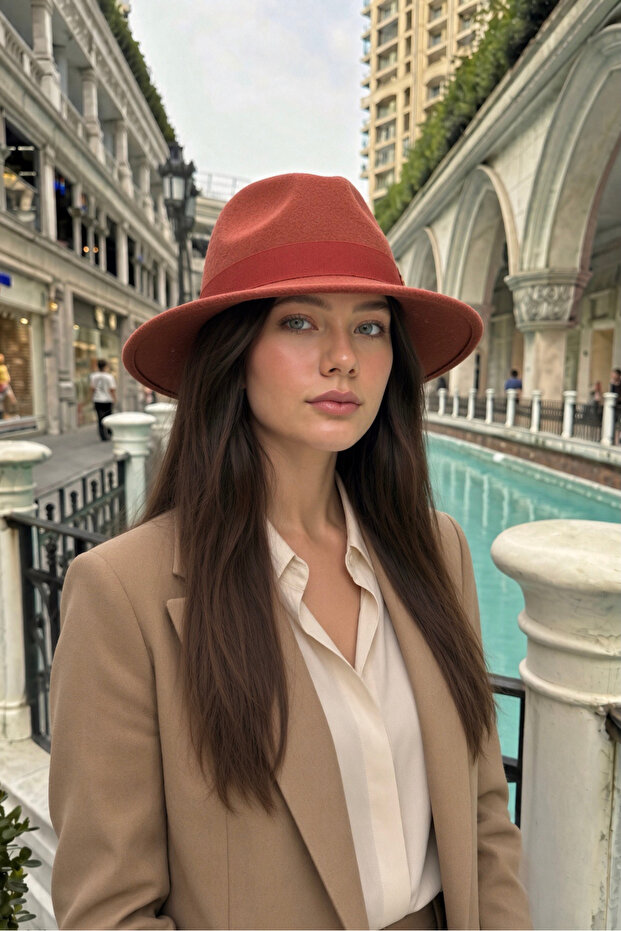 Winter Women's Fedora Hat | Tile Orange Wide Brim Felt Fedora