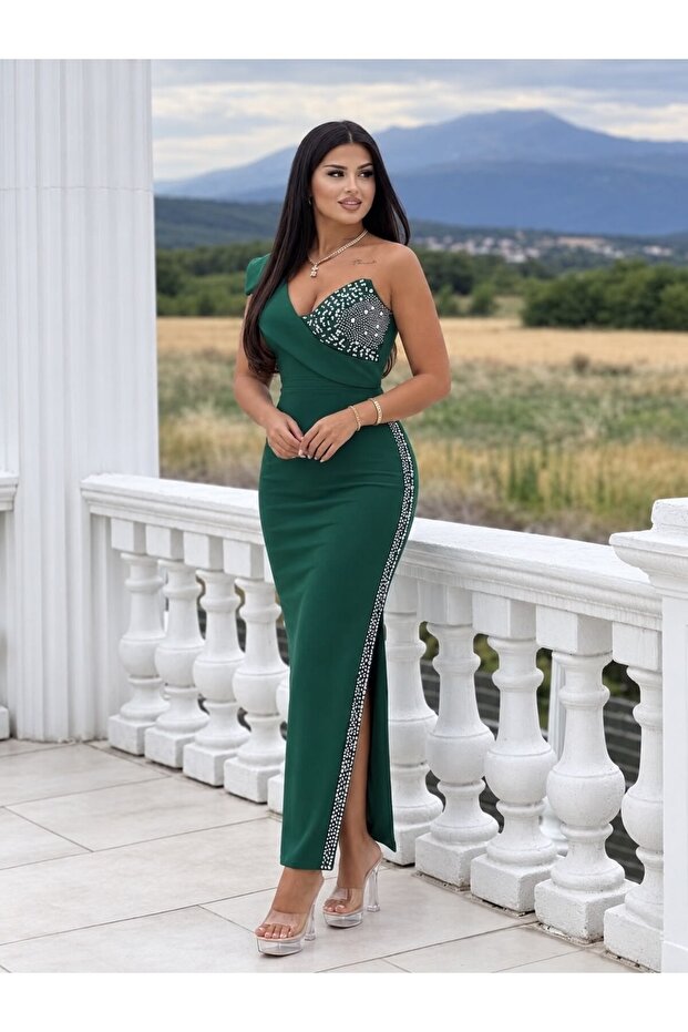 Emerald One-Shoulder Stone Embellished Slit Evening Dress 583240