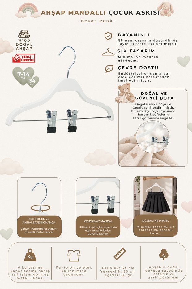 Wooden 8000 7-14 Years Old 34cm Children's Hanger with Latch White Color 24 Pieces