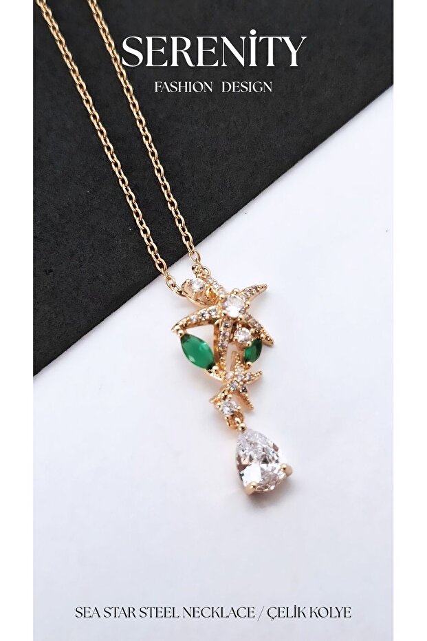 Green Leaf Starfish Zircon Stone Steel Necklace