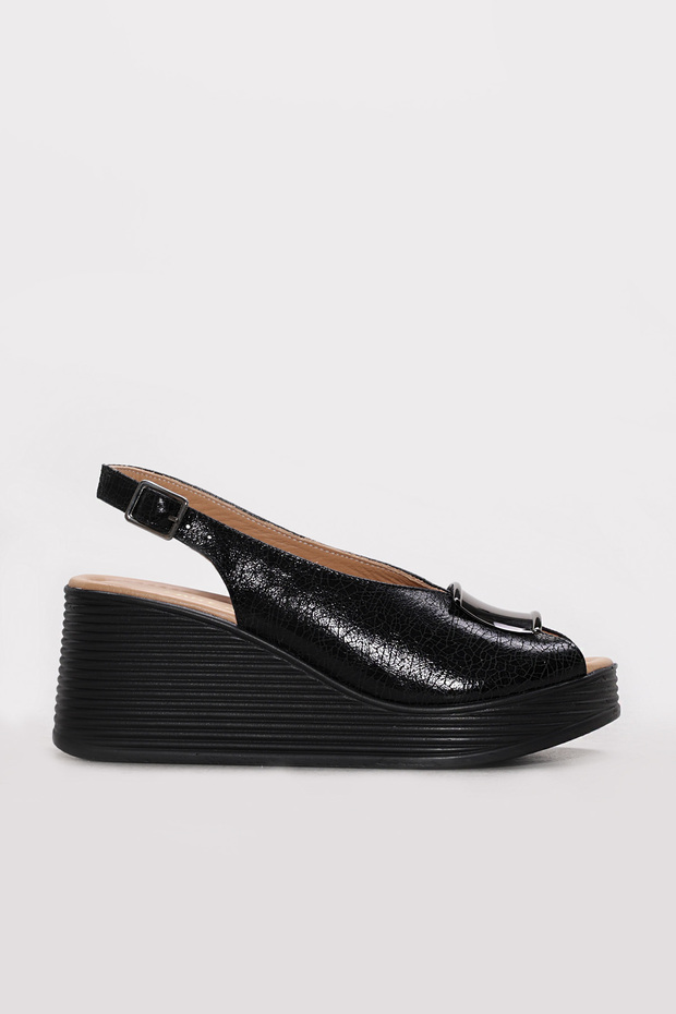Genuine Leather Black Patent Leather Women's Wedge Heel Sandals 275Za4012