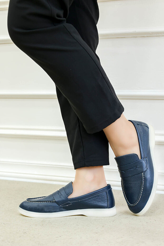 Genuine Leather Navy Blue Women's Casual Shoes 733Za017