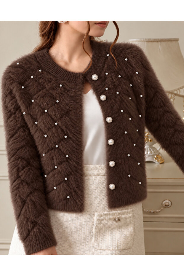 Women's Diamond Pattern Stone Detailed Plush Look Knitwear Basic Cardigan