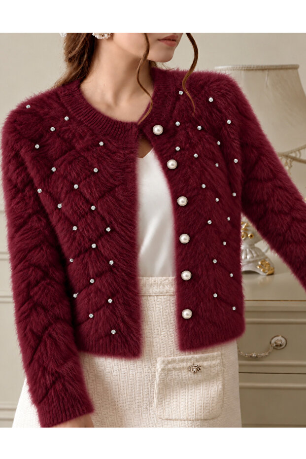 Women's Diamond Pattern Stone Detailed Plush Look Knitwear Basic Cardigan