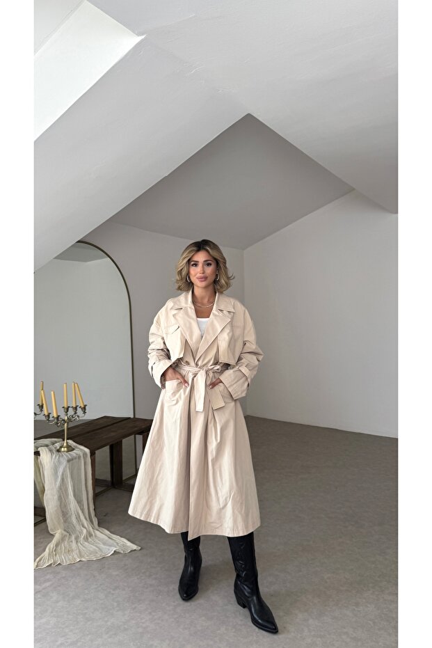 Belted Lined Trench Coat with Cape Cover