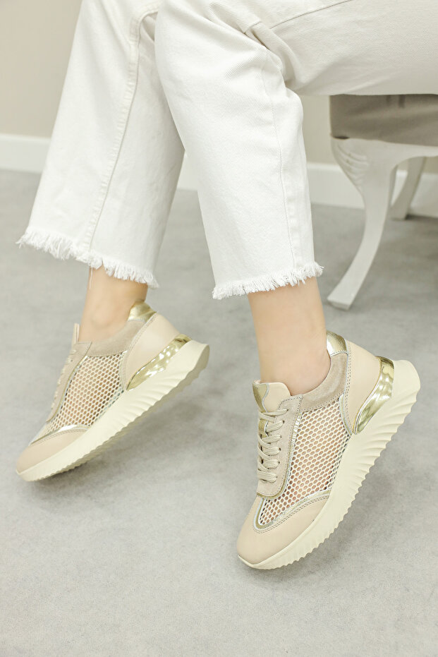 Genuine Leather Beige Gold Women's Casual Shoes 757Za25076