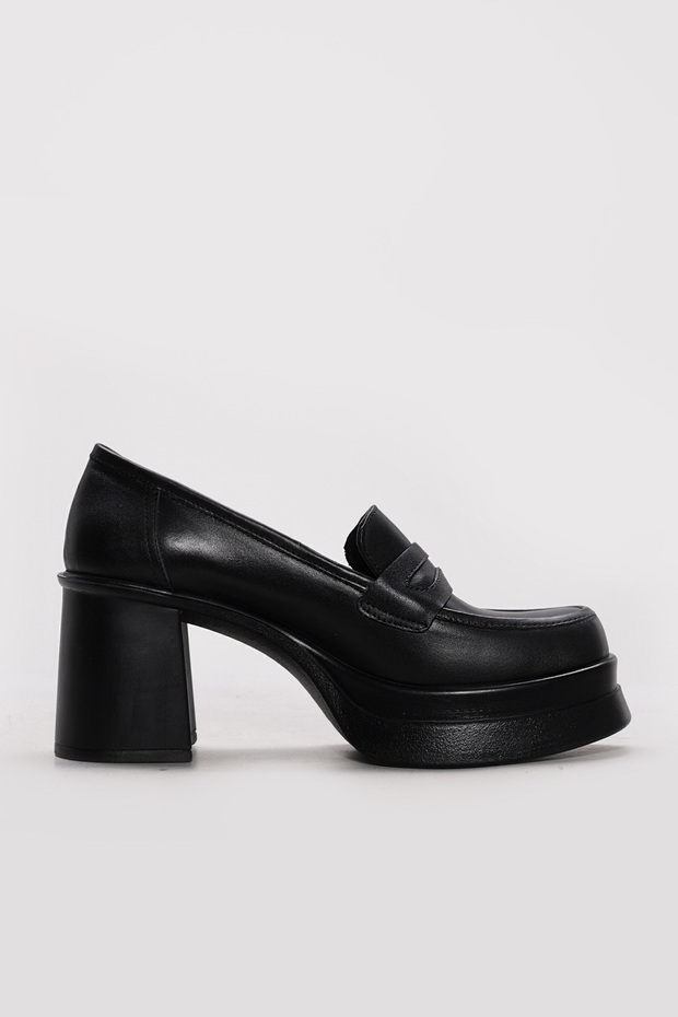 Genuine Leather Black Women's Thick Heeled Shoes 281Za2405