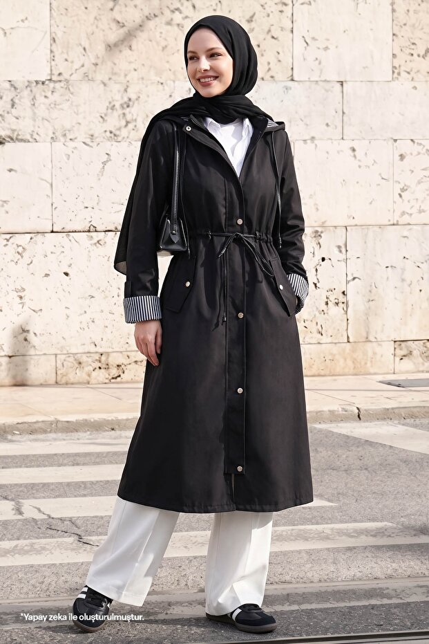 Stripe Pattern Trench Coat - Black