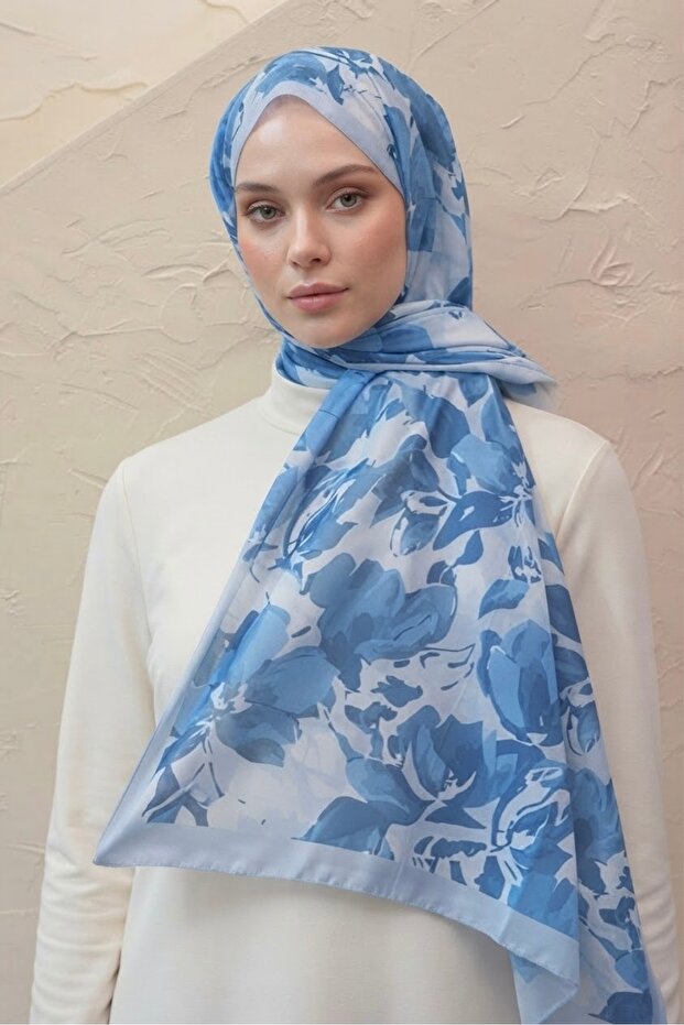 Ahenk Pattern Imported Cotton Shawl - Ice Blue