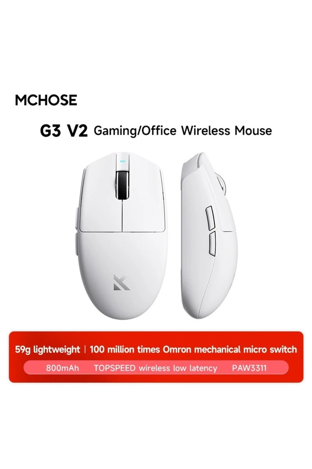 G3 V2 White MCHOSE G3 Ultra Wireless Gaming Tri-Mode Mouse PAW3395 26000DPI 8K Polling Rate 64g Ultr