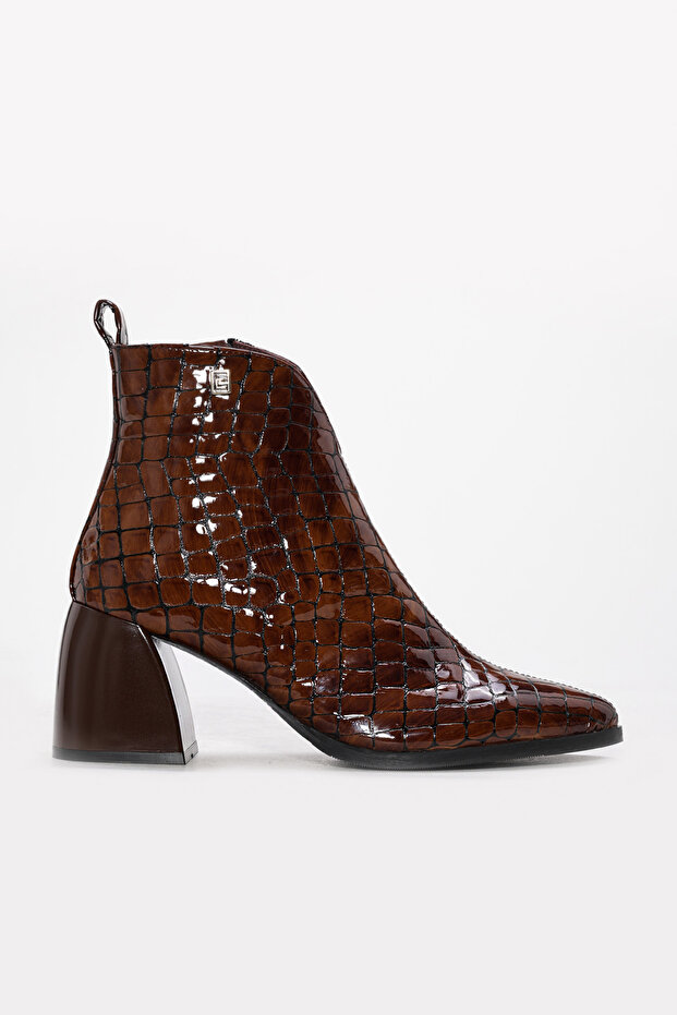 Genuine Leather Brown Crocodile Patent Leather Women's Thick Heeled Boots 064Sza805