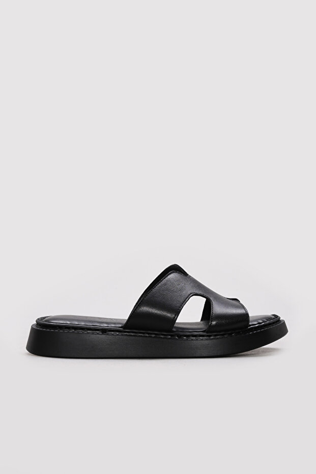 Genuine Leather Black Women's Flat Slippers 621Za858