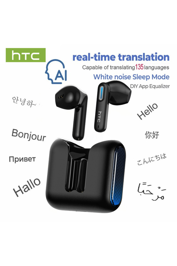 Black AI HTC NE49 TWS Wireless Earbuds Bluetooth AI Translator ENC Noise Cancelling 40H Battery Touc