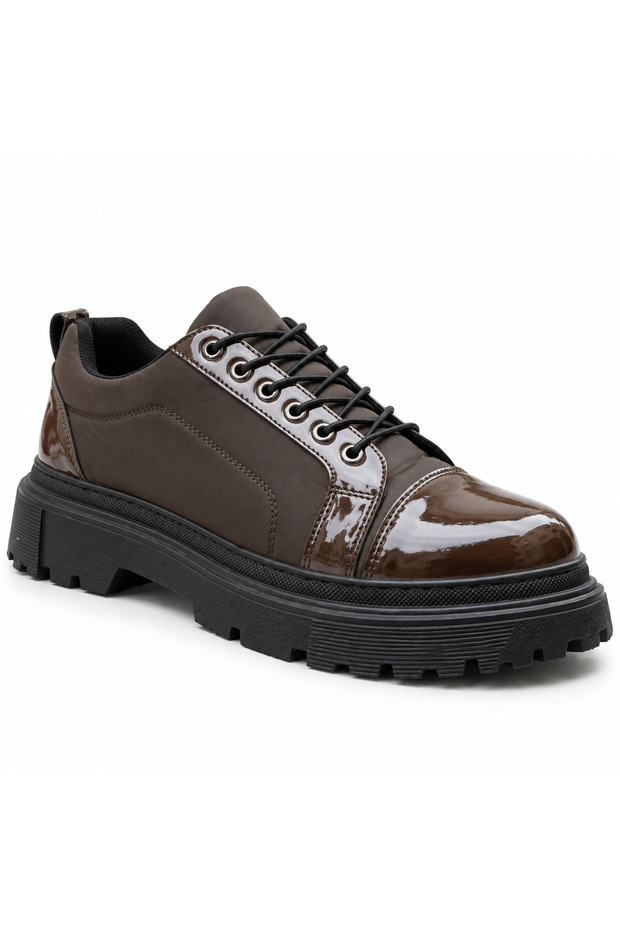 Ba0245 Brown Patent Leather Parachute Detailed Smart Rubber Laces High Sole Casual Men's Shoes