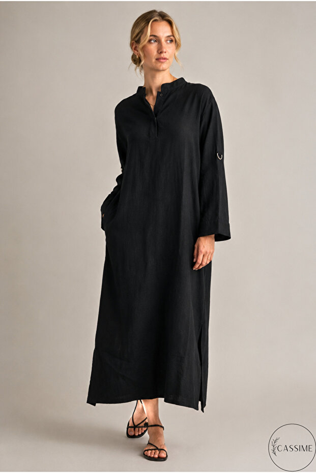 Women's Black Long Hakim Collar Muslin 100% Cotton Oversize Dress - Without Belt