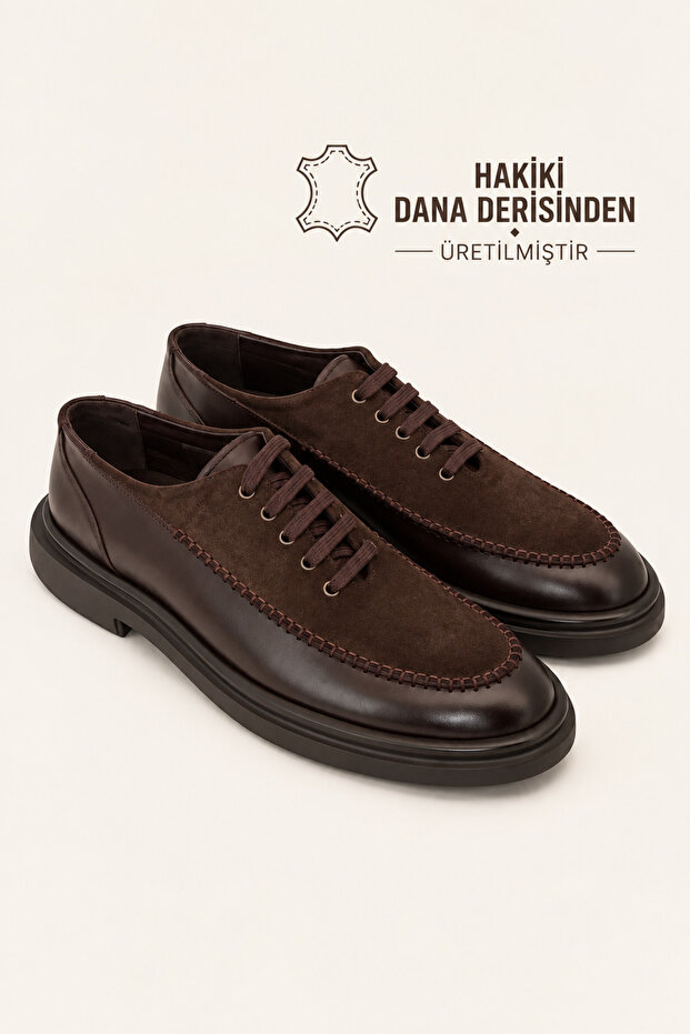 Men's Brown Genuine Leather and Suede Lace-Up Thick Sole Shoes – Garda