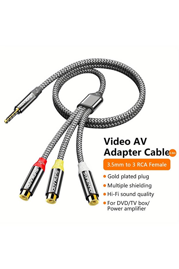 0.28m gray SUNKANDI 3.5 MM to 3 RCA Adapter Audio Video Cable for AV, Audio, Video, LCD TV, HDTV