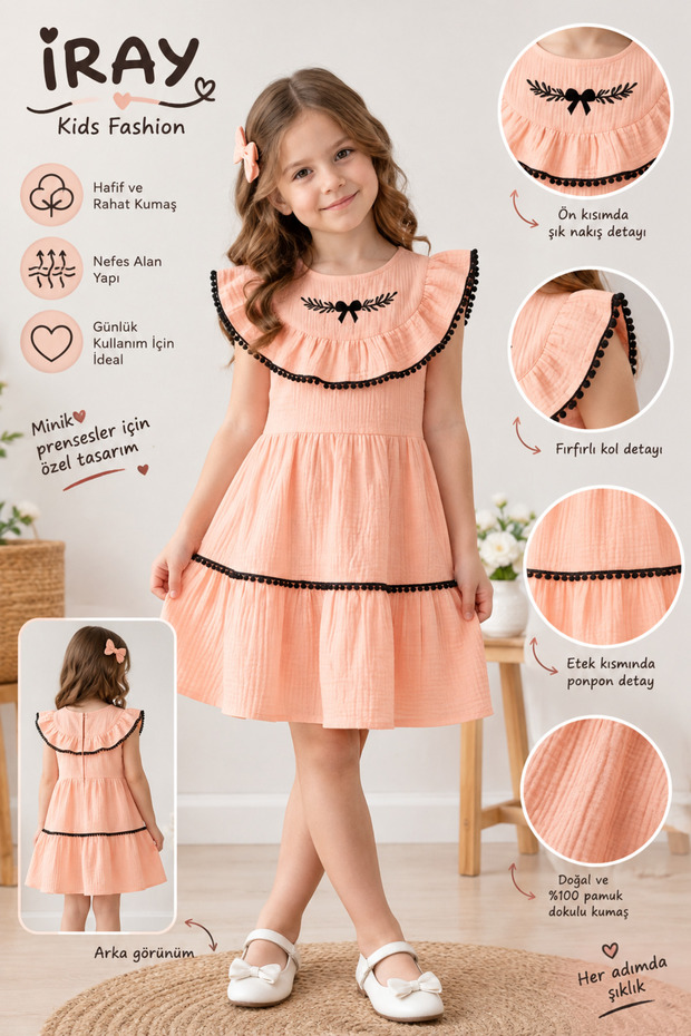 Girl's Muslin Dress with Ruffle Collar and Embroidery Detail, Cotton Summer Dress