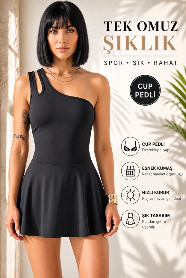 Women's One-Shoulder Double Strap Swimsuit Dress with Shorts, Cup Padded, Flexible Lycra, Easy to Wear