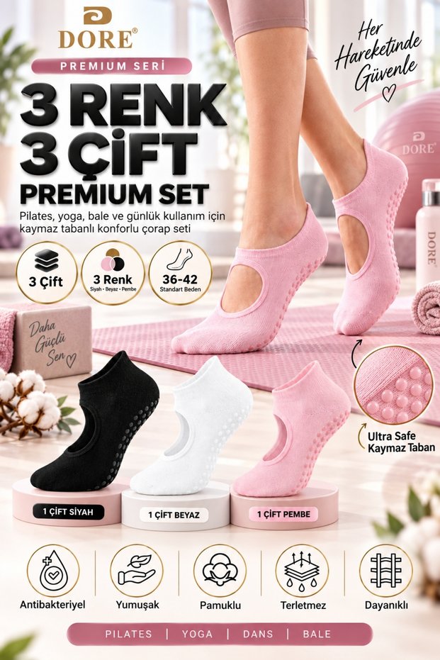 Original Women's 3 Pairs Non-Slip Sole Pilates Yoga Sports Ballet Dance Yoga Pilates Ultra Safe Non-Slip Sole Cotton Reformer Socks Set - Standard Size 36-42 | Black White Pink
