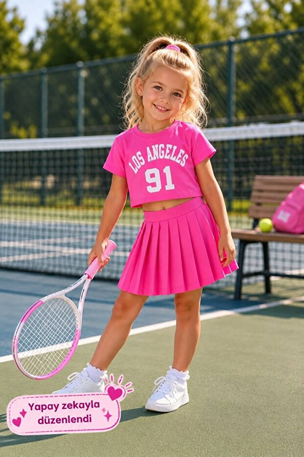 Pleated Skirt Printed Girl's Suit