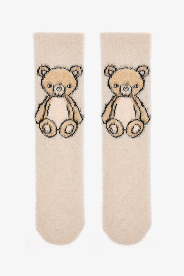 Ecru Cute Bear Embroidered Home Shoes