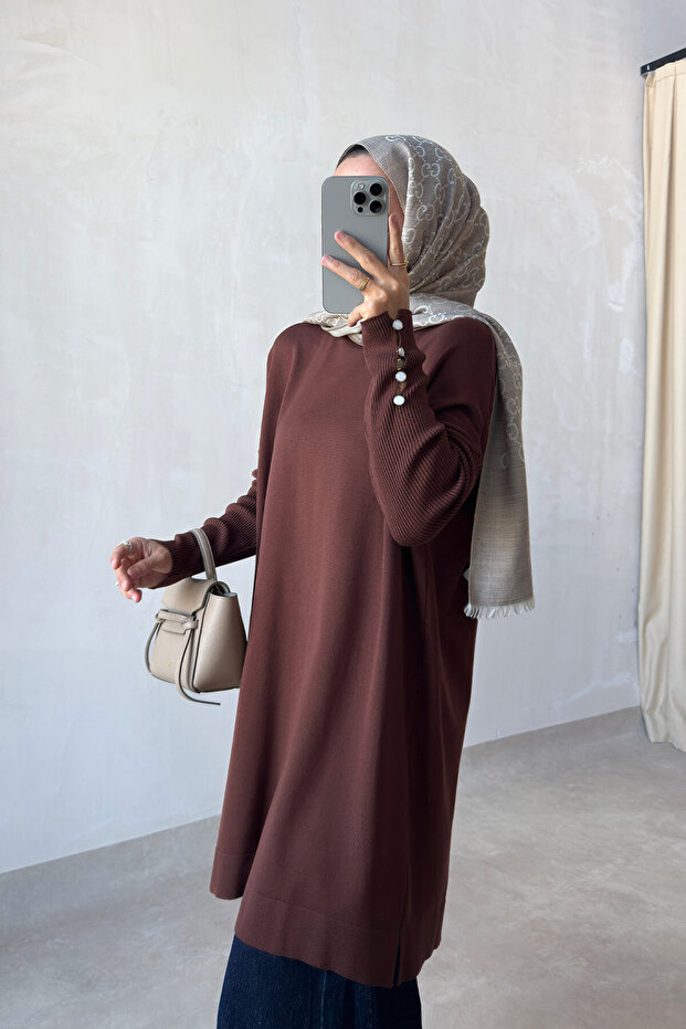 Sleeve Detail Mercerized Tunic - Brown