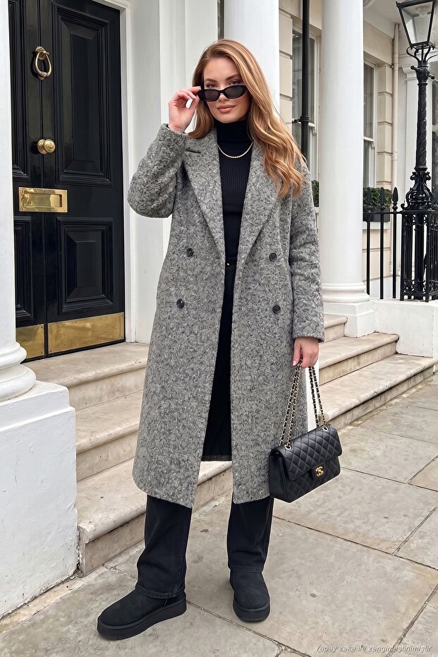 Oversize Fit Mono Collar Buttoned Boucle Long Cashmere Coat Women's Coat 6811997