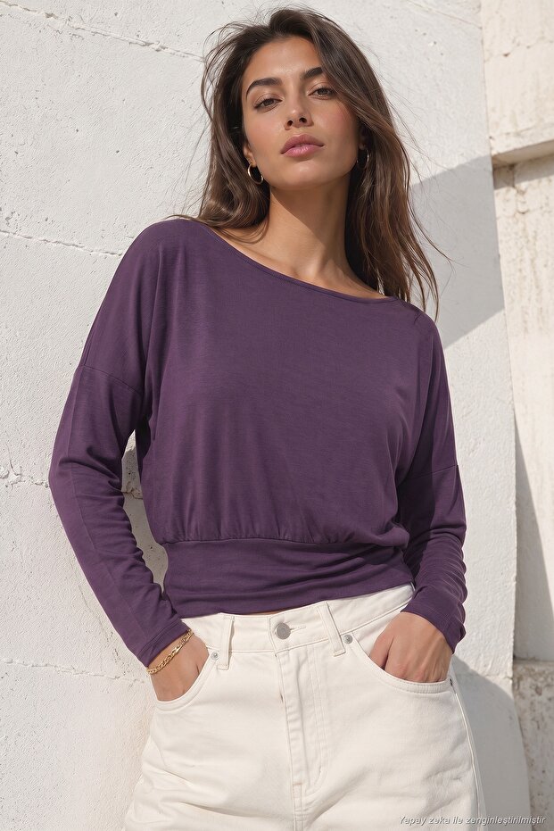 Bodycon Boat Neck Long Sleeve Soft Knitted Blouse Women Blouse 5866853