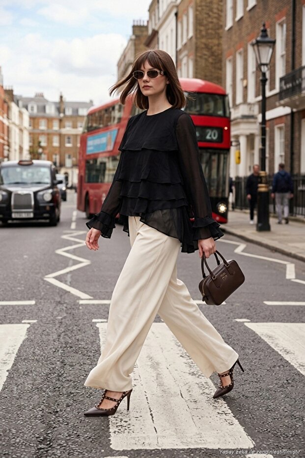 Ruffle Relaxed Fit Long Sleeve Round Blouse Women's Blouse 6835049