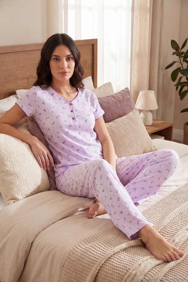 Cotton Regular Fit Soft Textured Buttoned V-Neck Pajama Set Women's Pajama Set 65770755