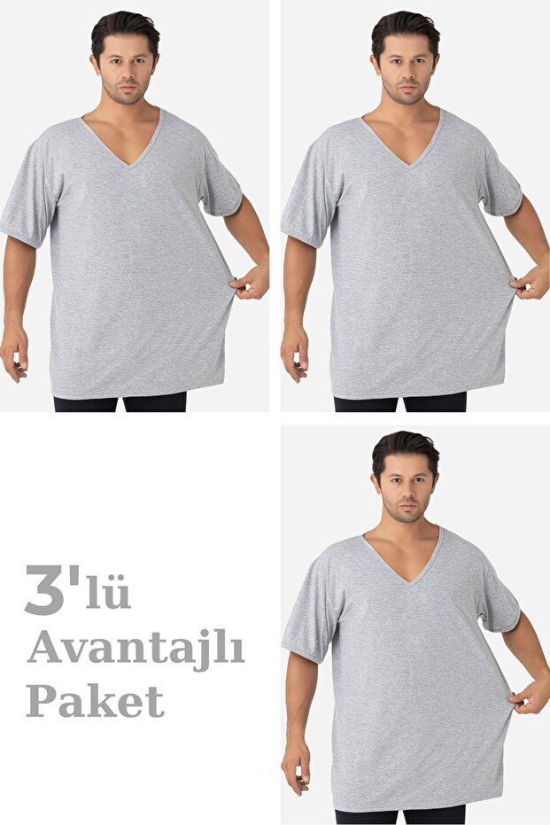 3-Pack Gray Men's V-Neck Short Sleeve Plus Size T-Shirt 100% Cotton Combed