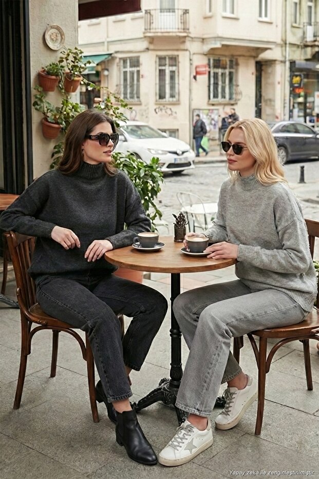 Oversize Fit Turtleneck Soft Textured 2'Li Package Knitwear Sweater Women Sweater 680Kz00469S2