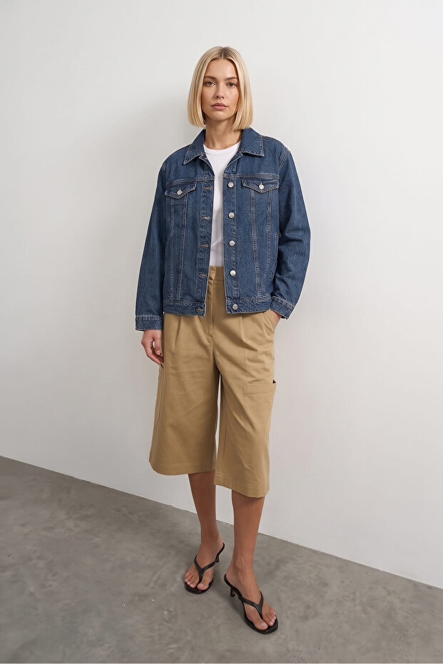 Women's Blue 100% Cotton Shirt Collar Oversize Jean Jacket