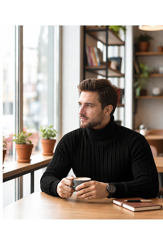 Men's Black Men's Knitwear Sweater Full Turtleneck