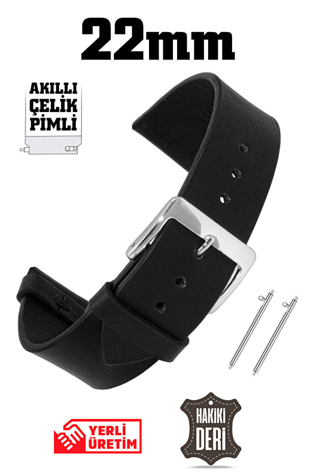 22mm Black Genuine Leather Watch Band Strap with Smart Pins