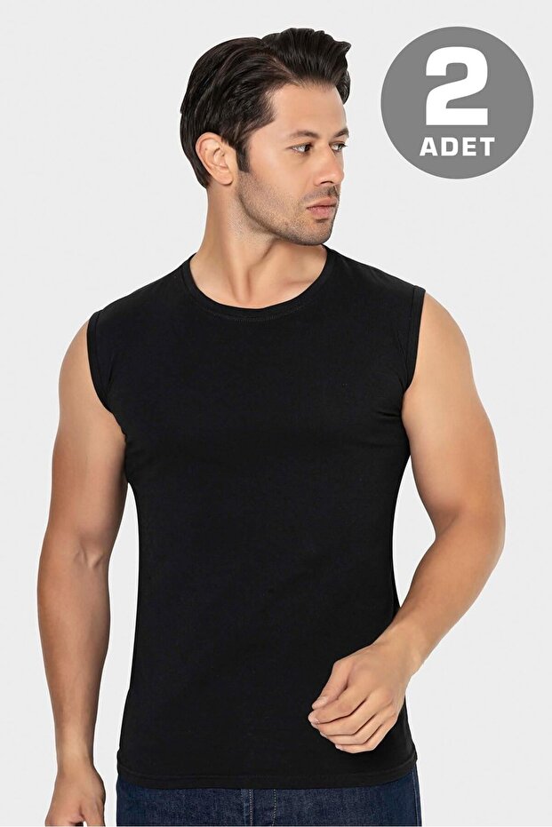 2-Pack Men's Black Crew Neck Sleeveless T-Shirt Undershirt Cotton Lycra Soft Flexible Fabric