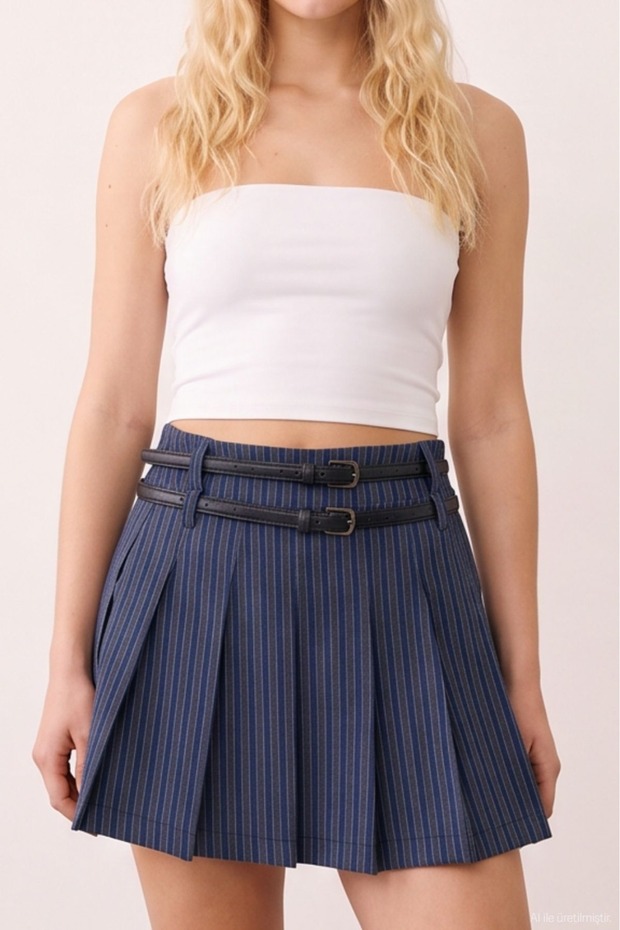 Navy Blue Striped Belted Short Skirt