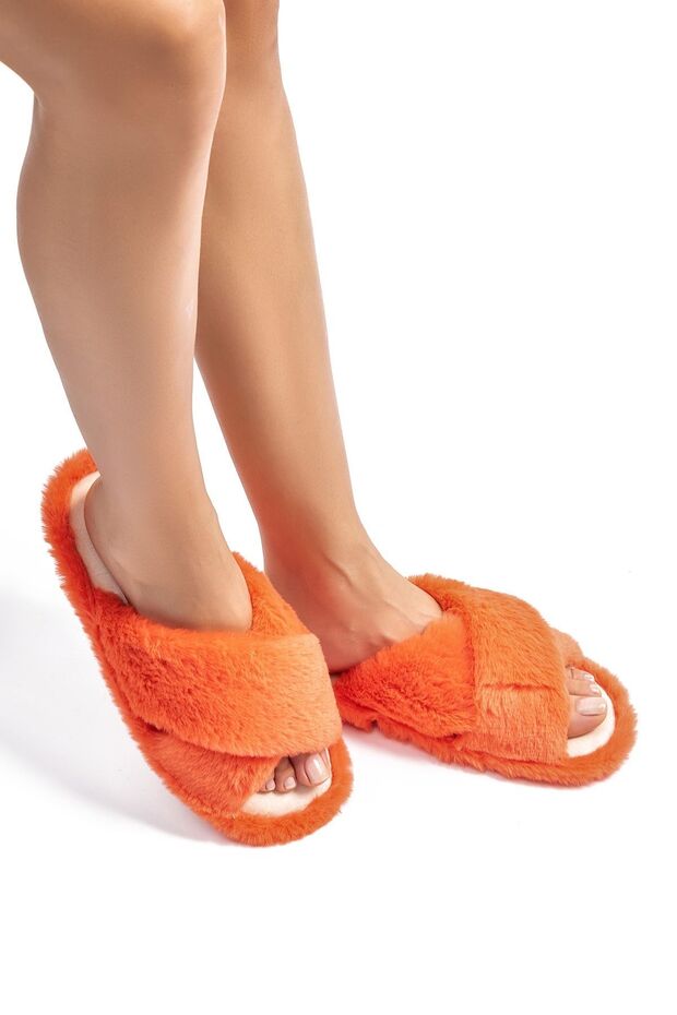 Orange Plush Cross Women's House Slippers - 36/41