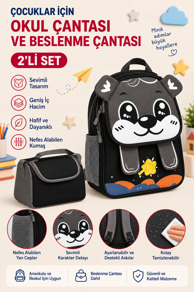Cute Character Themed Kindergarten Bag & Thermal Lunch Box Set of 2 Black-Smoked