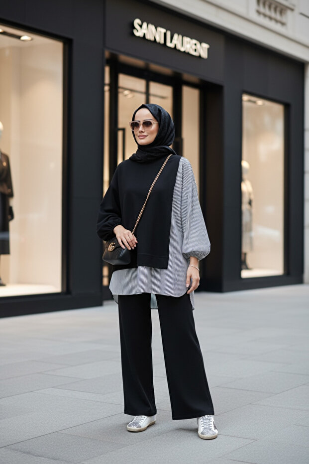 Women's Modest Set Line Two-Piece Shirt Set Black