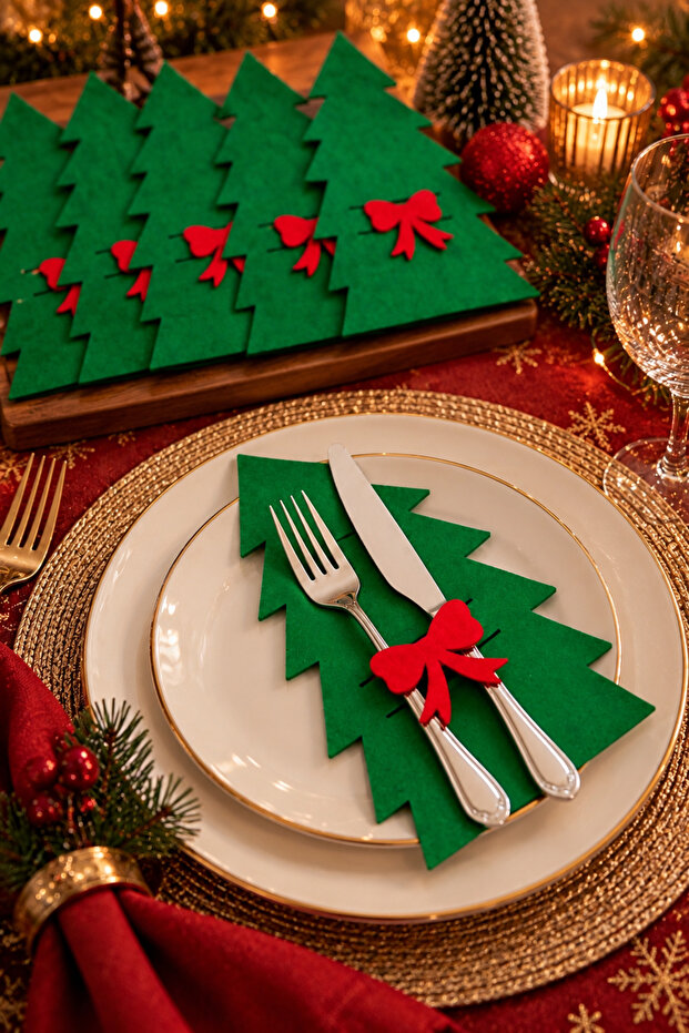 Green 6 Pieces Decorative Pine Tree Napkin Holder Fork Spoon Holder Felt Christmas Ornament Christmas Decor