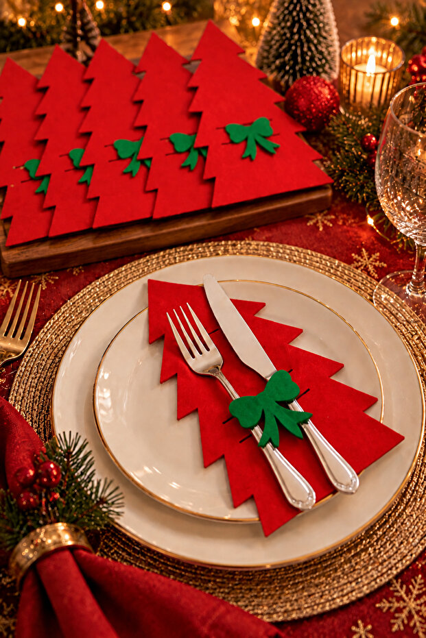 Red 6 Pieces Decorative Pine Tree Napkin Holder Felt Spoon Holder Felt Christmas Ornament