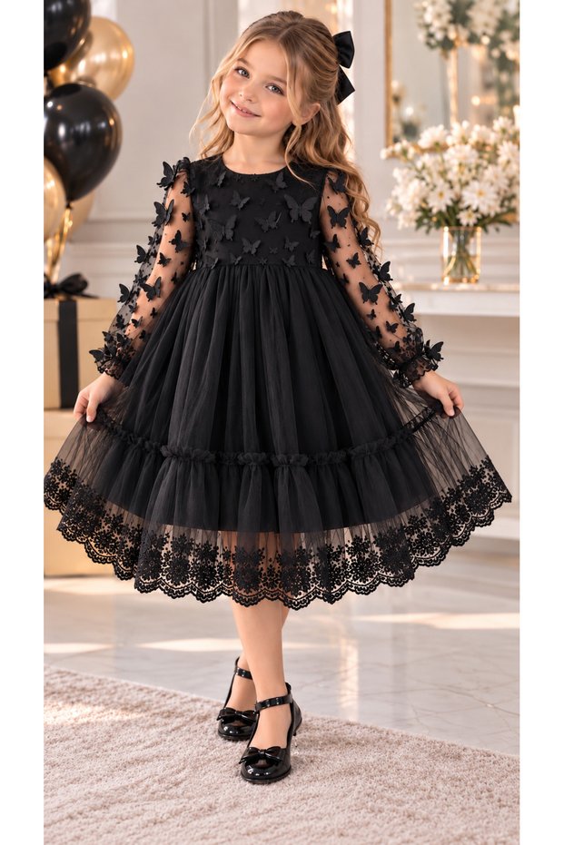 Girl's Butterfly Dress Baby Girl Dress 3D Patterned Lined Cotton Brode Embroidered Evening Dress