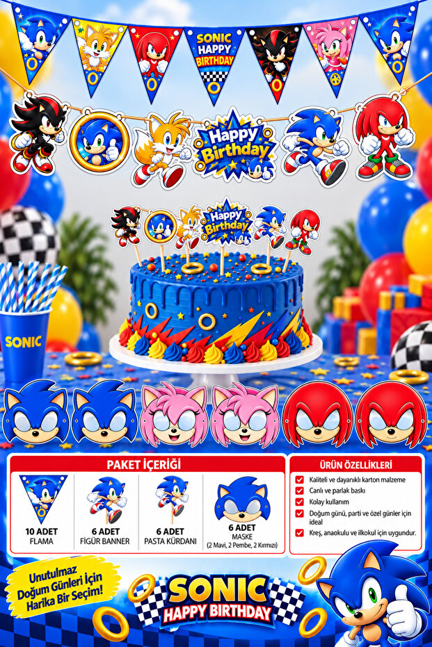 Sonic Birthday Party Set | 10-Pack Pennant, 6-Pack Figure Banner, 6-Pack Mask, 6-Pack Cake Toothpicks