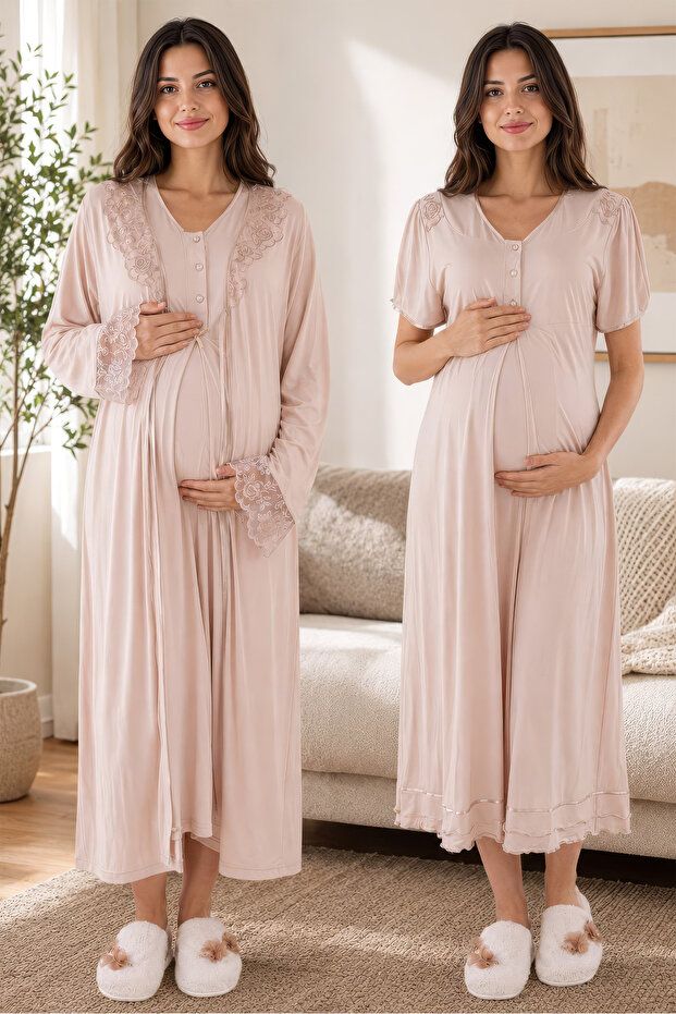 Cotton Short Sleeve Dressing Gown Maternity Nightgown Set Effortt - Brown