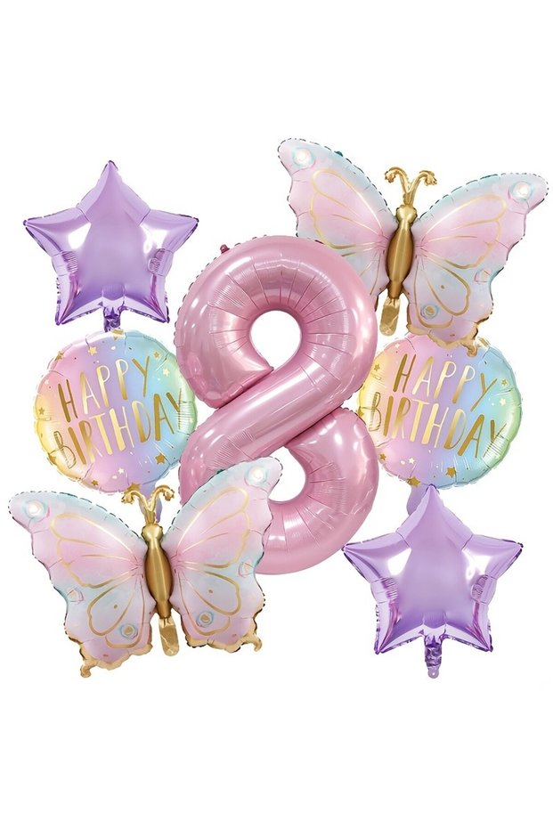 Other 8 7Pcs Pink Butterfly and Number Balloons Combo Set - Perfect for Birthday Celebrations, Kids'