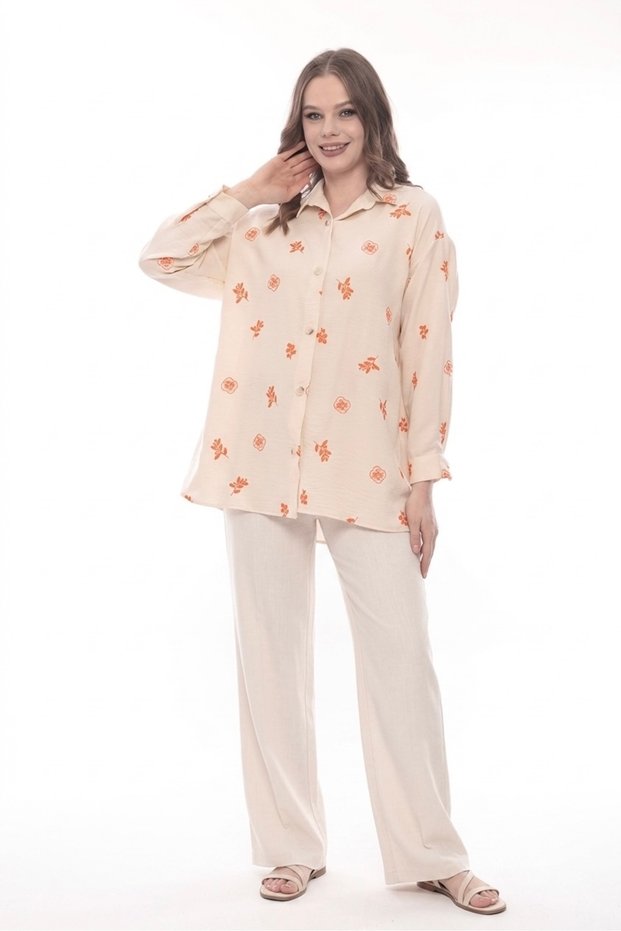 Wide Cut Low Sleeve Embroidered Linen Shirt